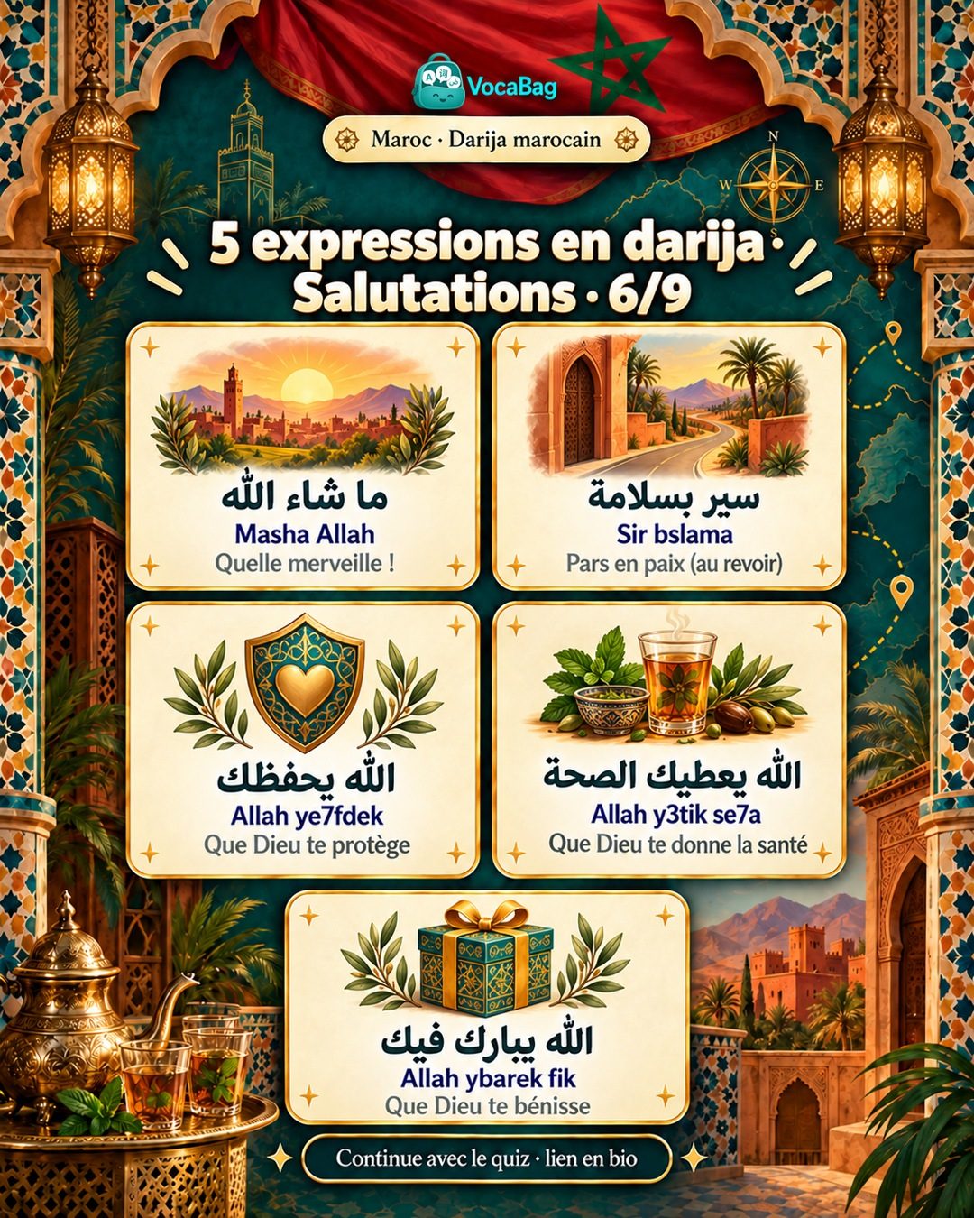 Cinq expressions en darija marocaine pour admirer, dire au revoir et souhaiter du bien