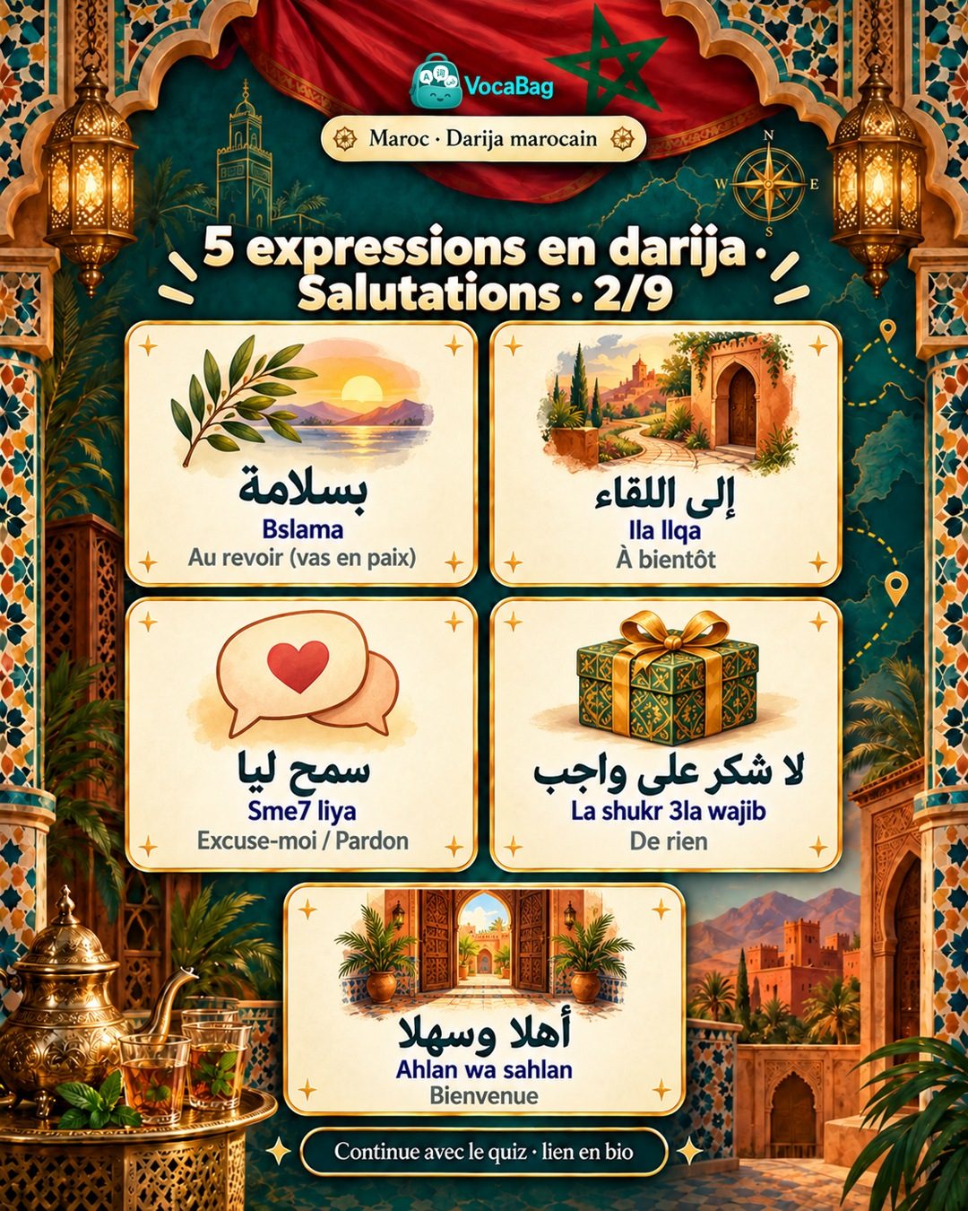 Cinq expressions de politesse en darija avec leur transcription et leur traduction