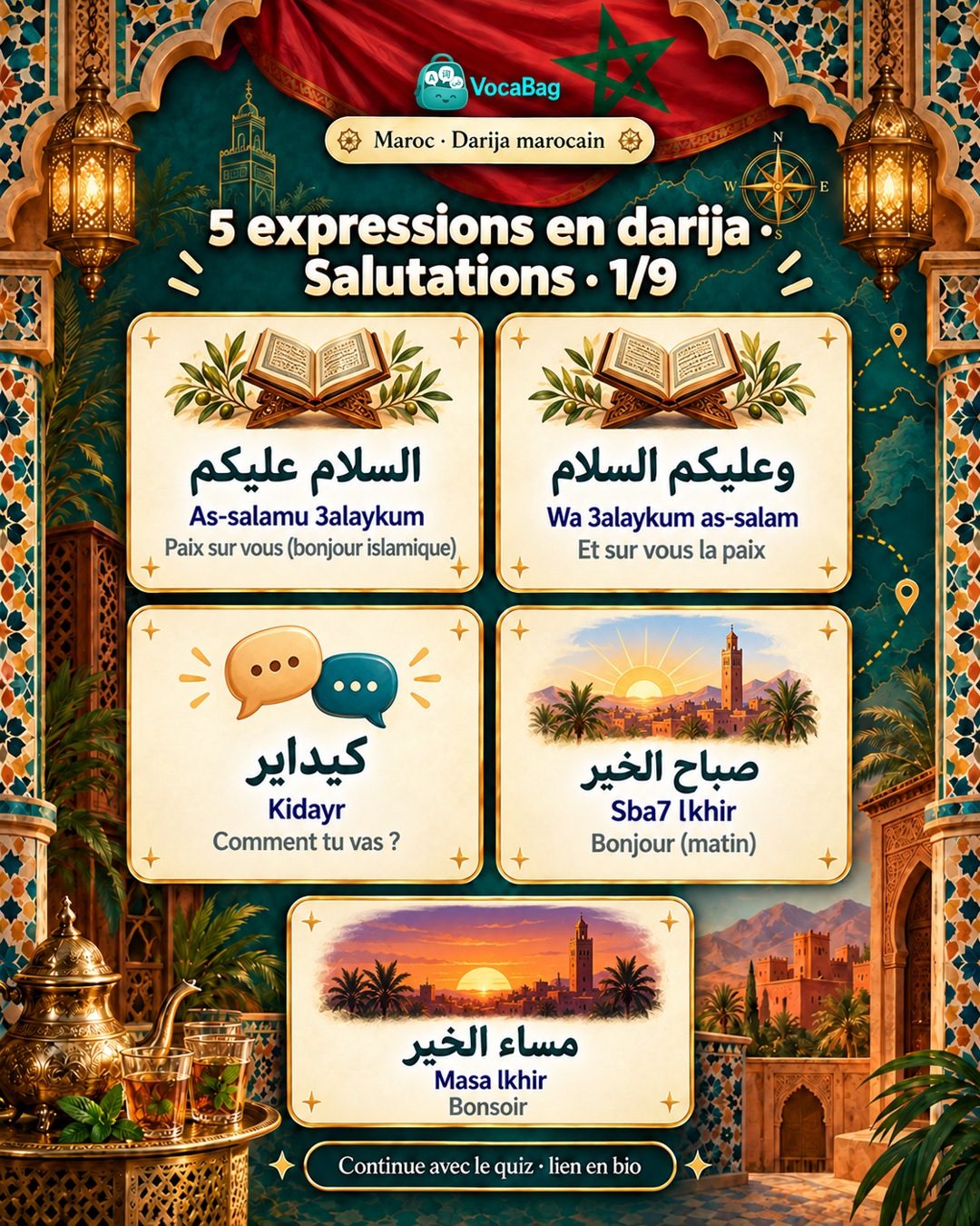Cinq salutations en darija marocaine avec prononciation et traduction